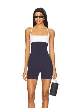FORM Fold Over Onesie in Navy Blue & White Workout Romper Bodysuit Shorts Tank